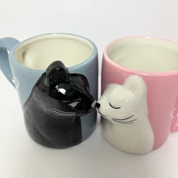 Kiss Cat Coffee Couple Mug Set, Unique Funny Tea Ceramic Cup Set
